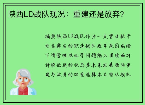 陕西LD战队现况：重建还是放弃？