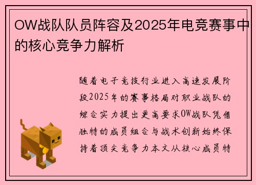 OW战队队员阵容及2025年电竞赛事中的核心竞争力解析